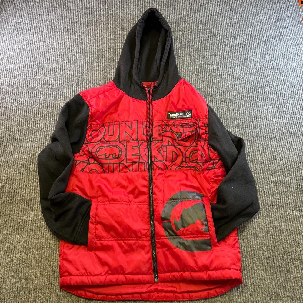 Ecko Unltd Puffer Hoodie Jacket Mens Small‎ Red Black Full Zip Streetwear